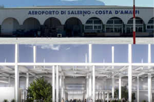 Aeroporto Salerno Costa d’Amalfi aerostazione attuale e rendering della nuova