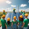 pannelli solari e impianti eolici, ragazzi con elemetto giallo e maglia verde